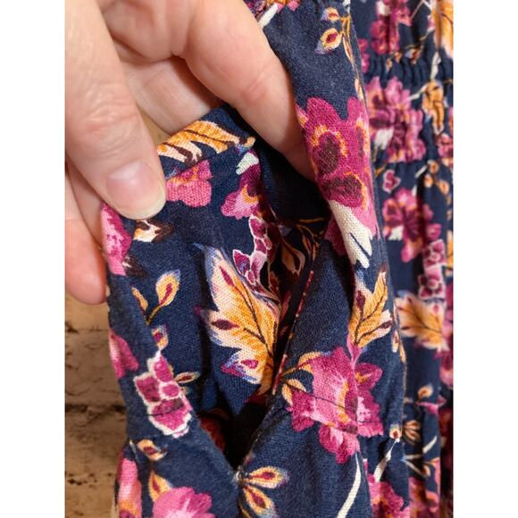 Old Navy Linen Midi Dress Womens Medium Navy & Purple Floral Babydoll Tiered - Picture 3 of 15